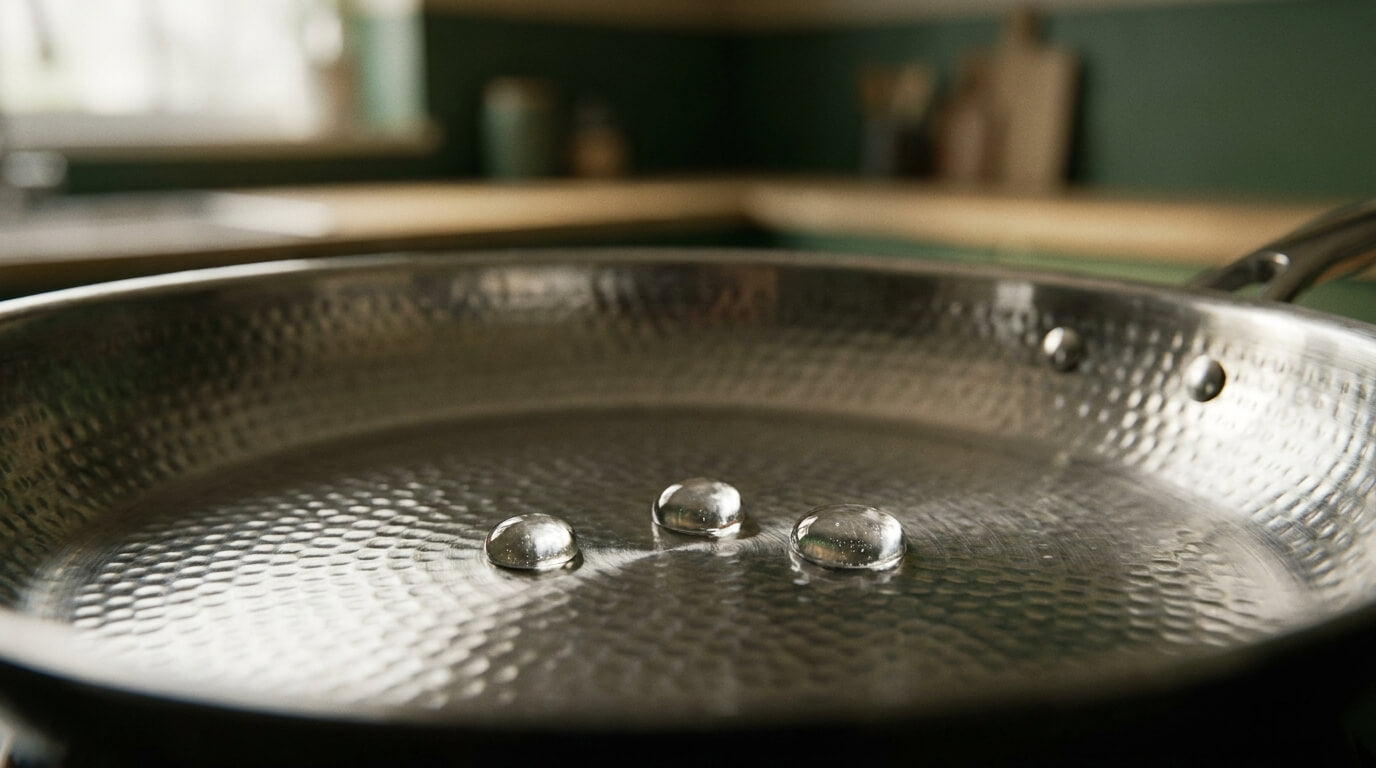 Wassertropfen perlen wie Quecksilber über die heiße Oberfläche einer gehämmerten Bratpfanne — der klassische Wassertropfen-Test