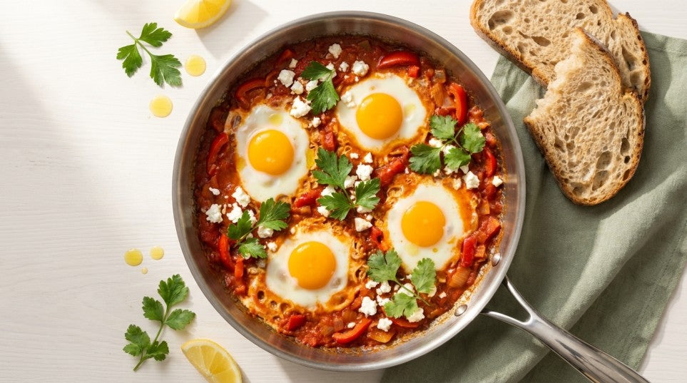 Klassische Shakshuka mit 4 pochierten Eiern, krümeligem Feta und frischer Petersilie in der gehämmerten Titan-Pfanne — Brunch direkt aus der Pfanne serviert