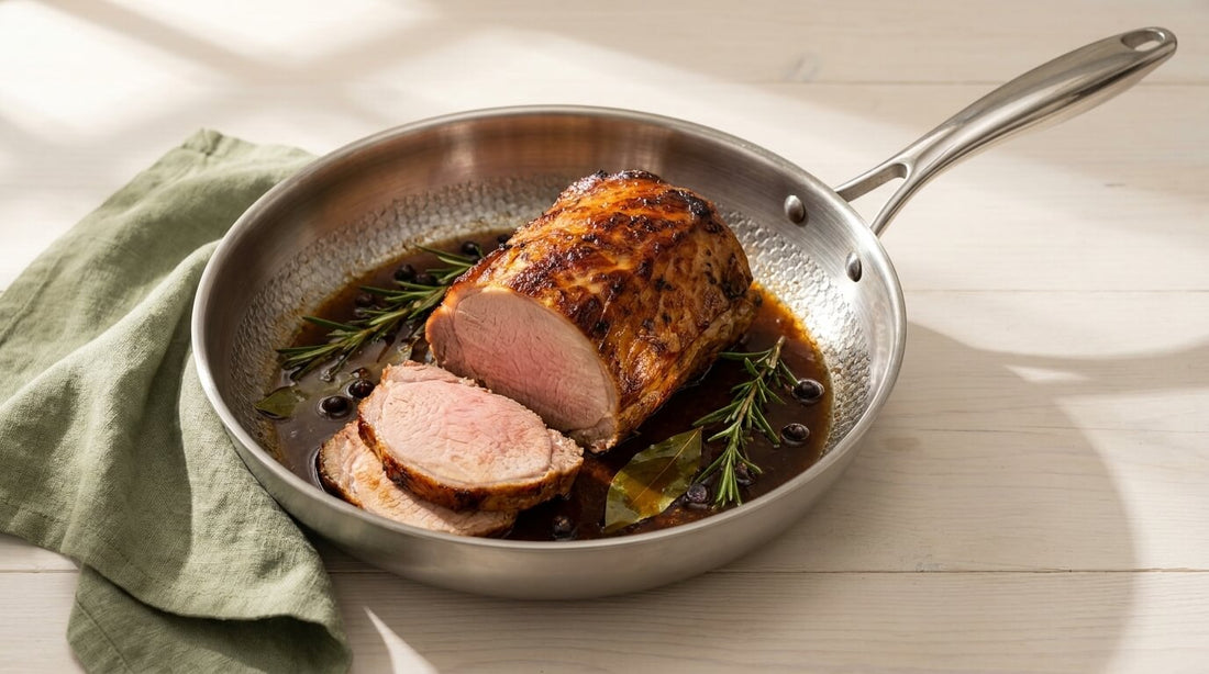 Saftiger Schweinebraten mit knuspriger Kruste und dunkler Pfannensauce in der gehämmerten Titan-Pfanne — Sonntagsessen ohne Backofen