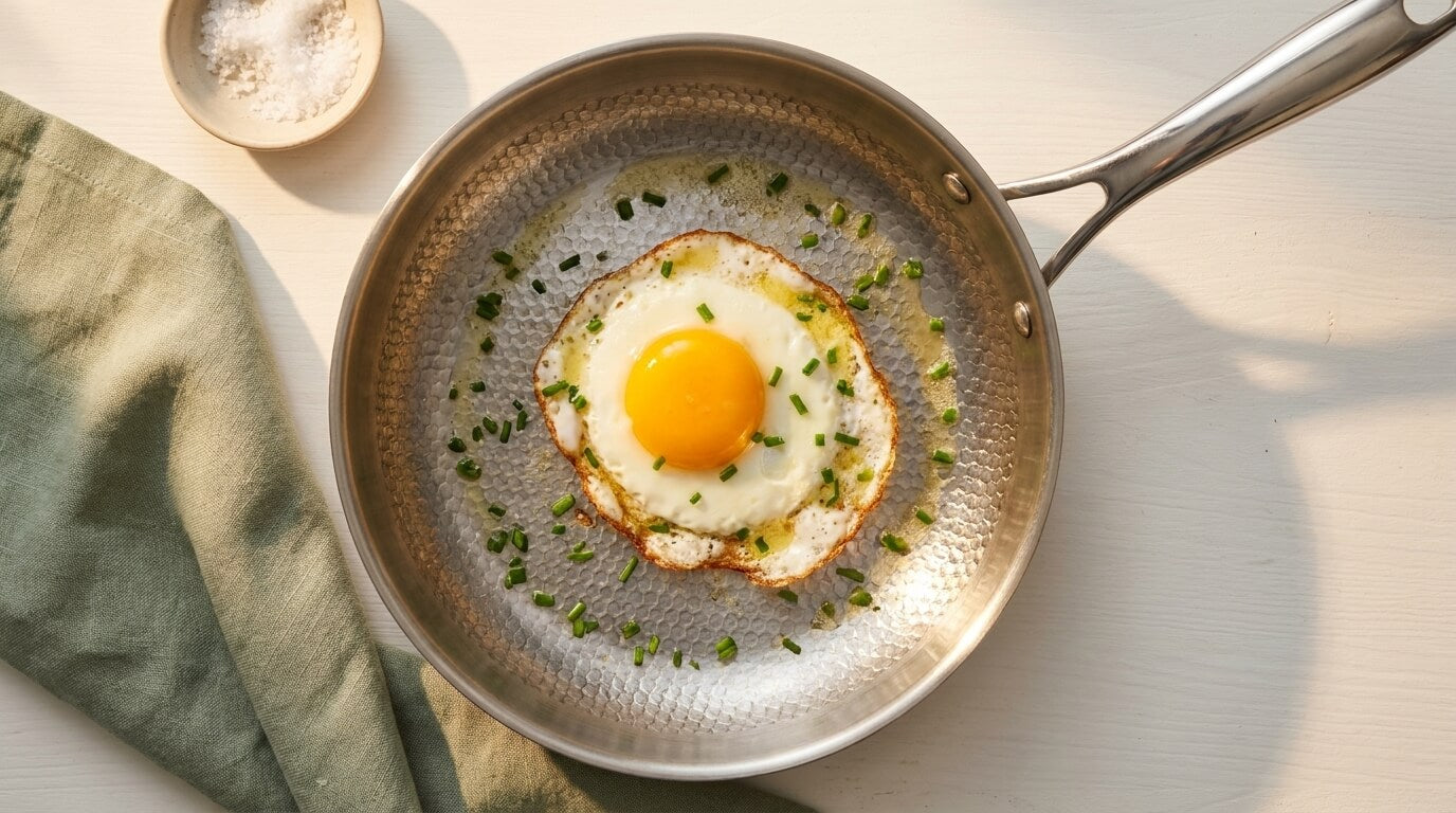 Perfekt gebratenes Over-Easy-Spiegelei mit intaktem goldenem Eigelb und knusprigen Eiweißrändern in der gehämmerten Titan-Pfanne