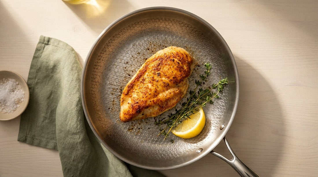 Goldbraun gebratene Hähnchenbrust mit Thymian und Zitrone in der gehämmerten Titan-Pfanne — Restaurant-Qualität zu Hause