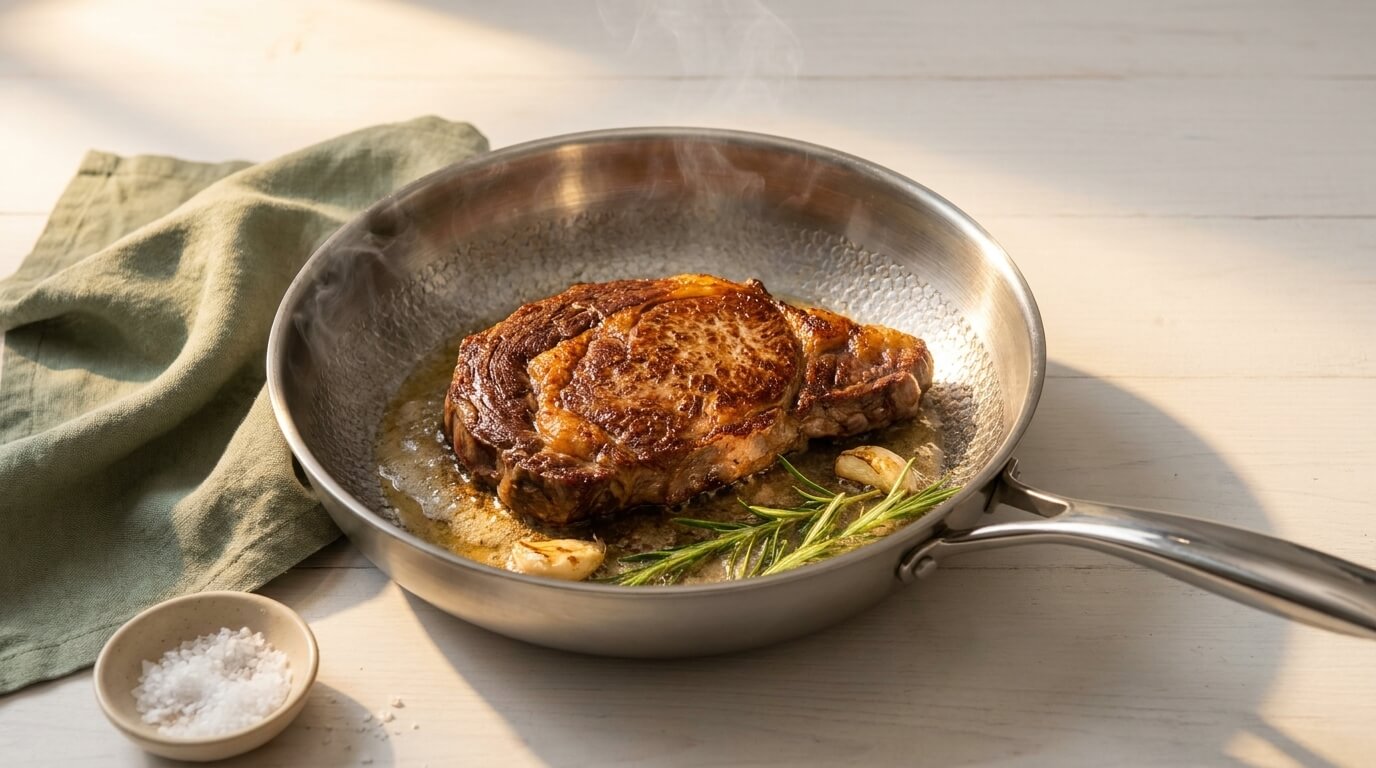 Perfekt gebratenes Steak mit goldbrauner Kruste, schmelzender Butter, Rosmarin und Knoblauch in der gehämmerten Titan-Pfanne