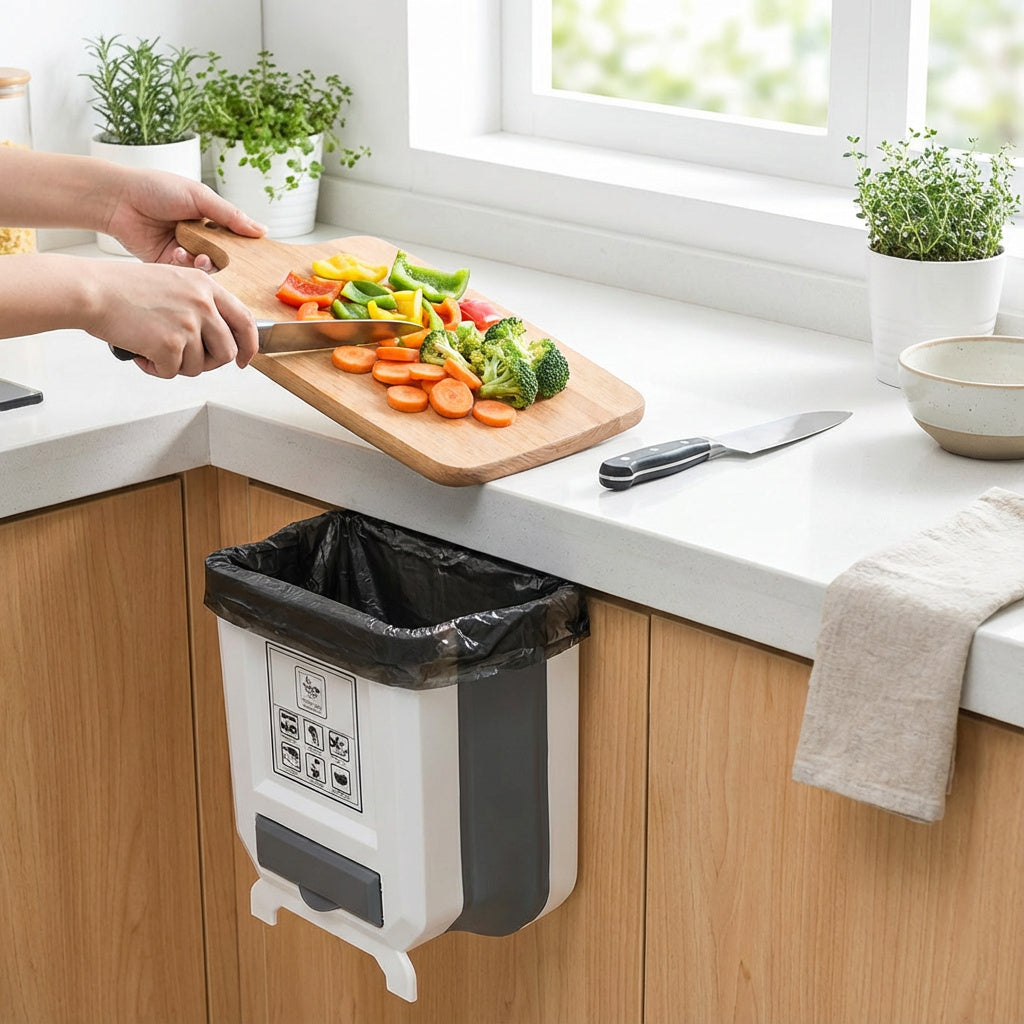 Faltbarer Küchenmülleimer für Arbeitsplatte und Schranktür