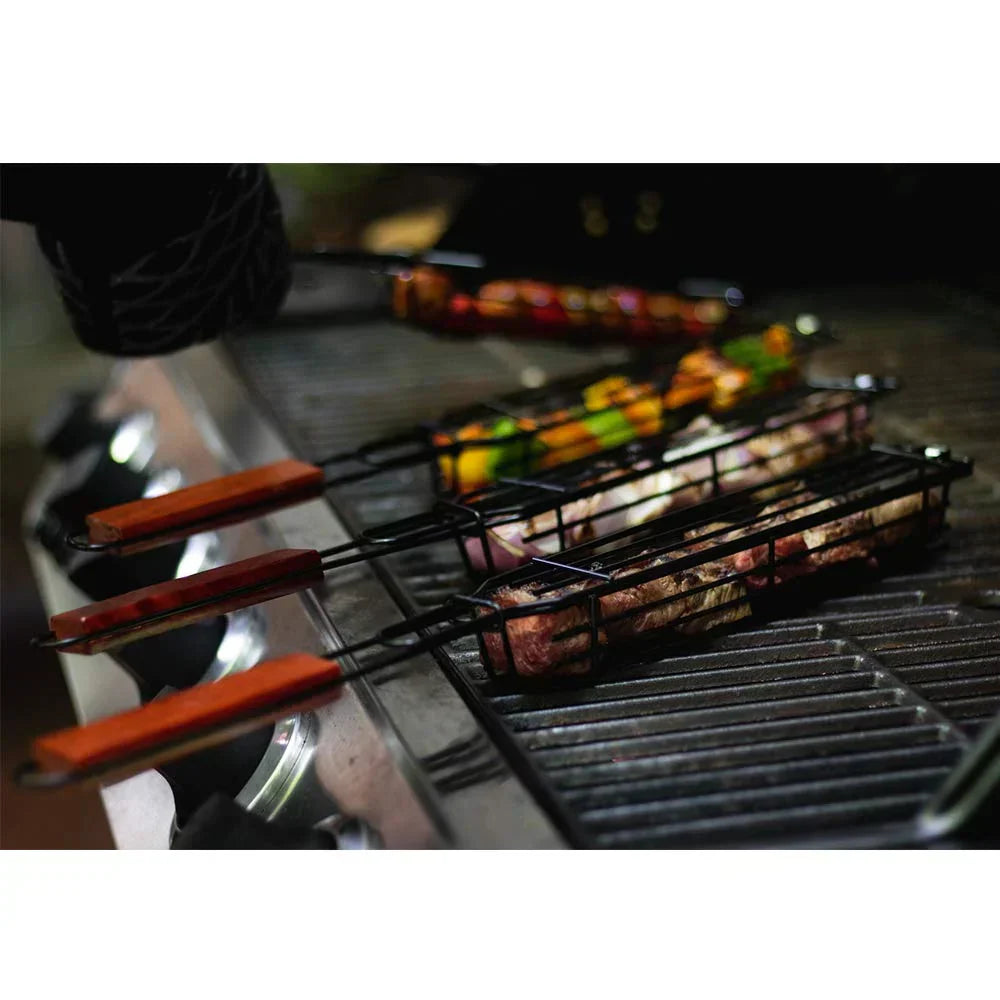 Grillkorb für Spieße mit Rosenholzgriff
