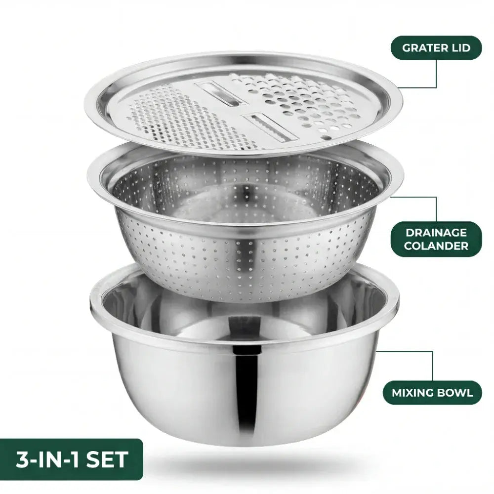 Edelstahl-Rührschüssel mit Reibe und Sieb – 3-in-1, 28 cm