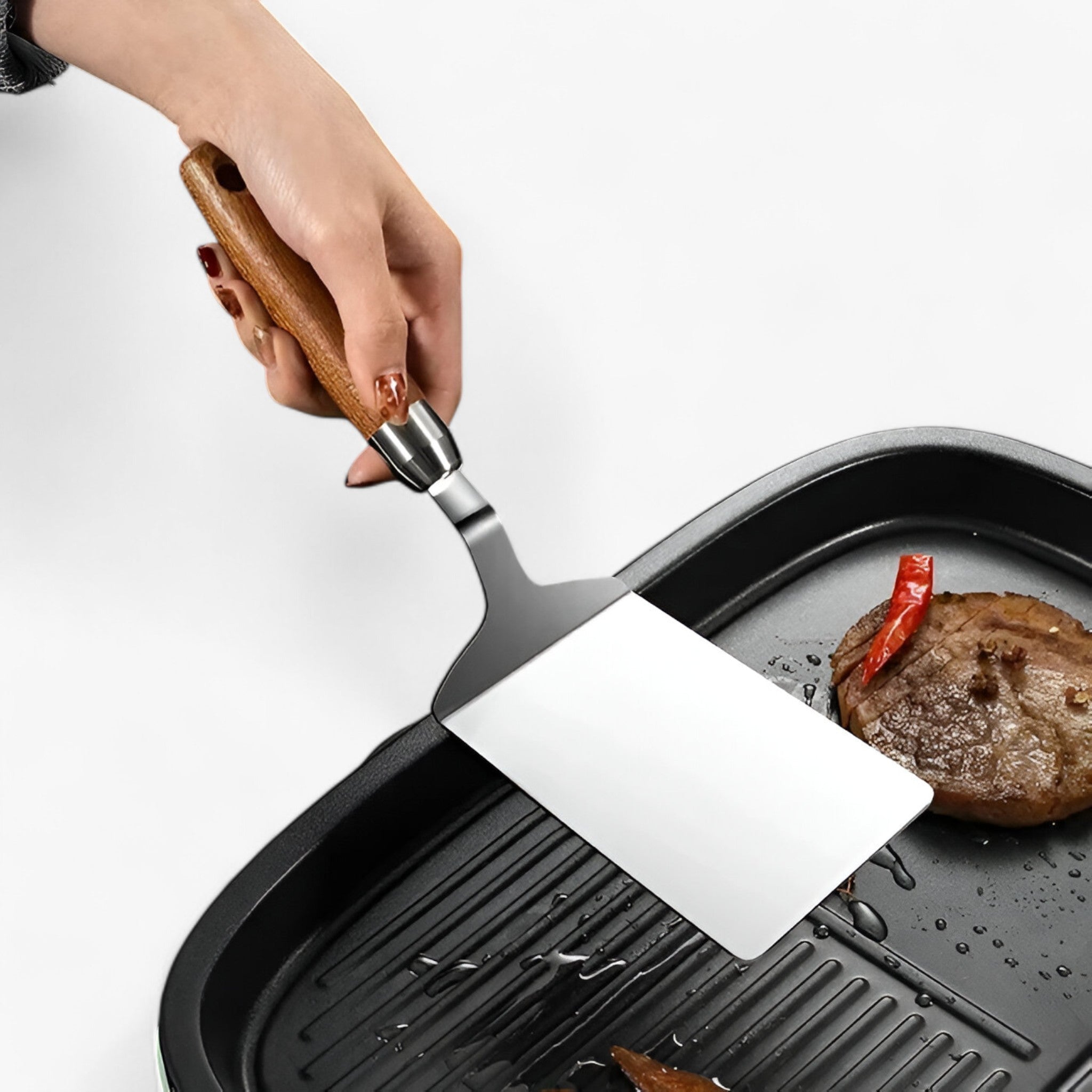 Stainless Steel Square Spatula with Wood Handle – Precision Flipping for Grill & Skillet | 11 in | Cozy Residence