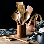 Teakholz-Kochbesteck 9-teilig mit Halter und Löffelablage