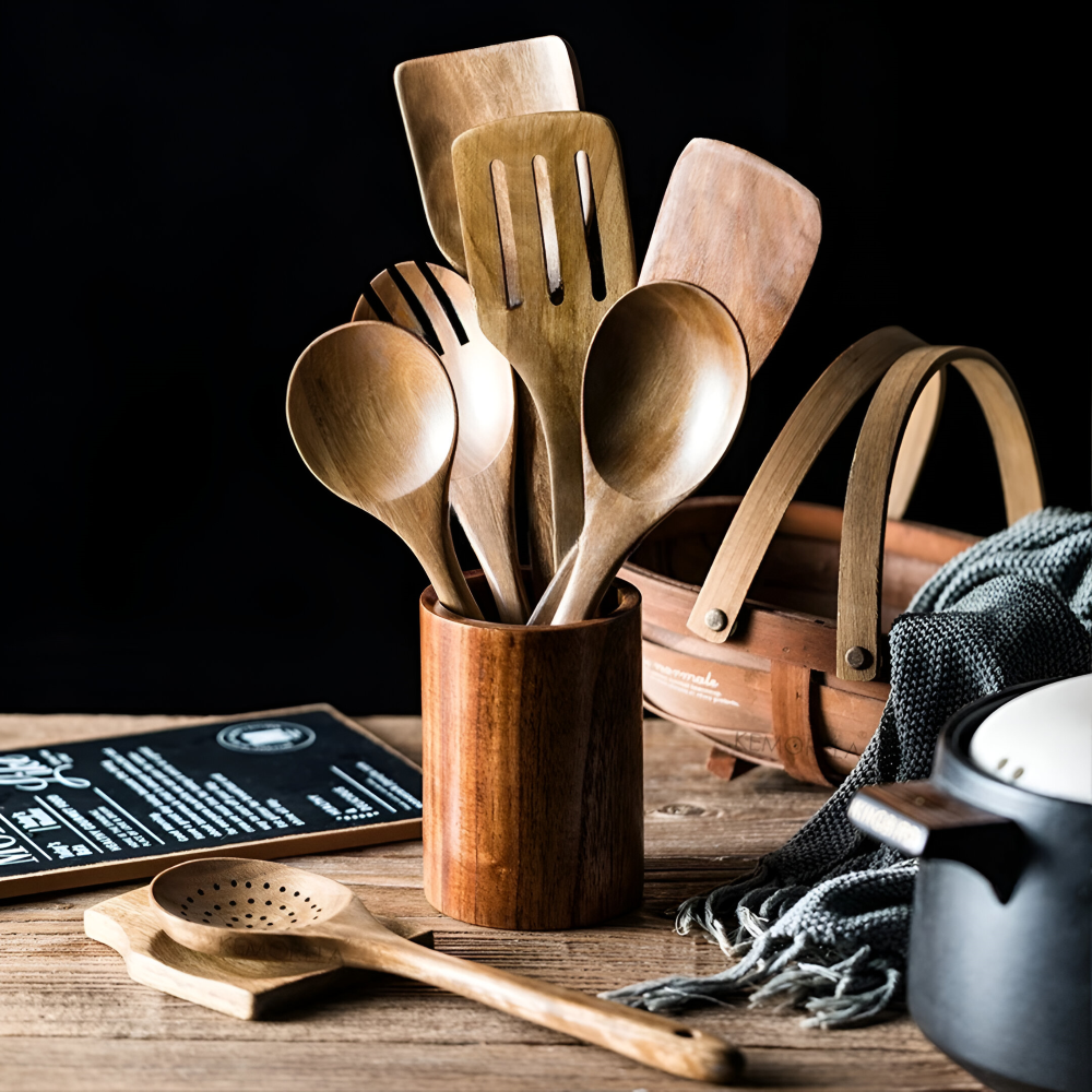 Teakholz-Kochbesteck 9-teilig mit Halter und Löffelablage