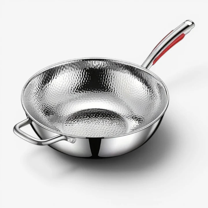 Gehämmerter Edelstahl-Wok – dreilagig, induktionsgeeignet, ohne Beschichtung
