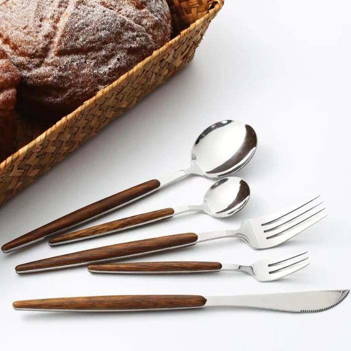 Besteckset Edelstahl mit Holzgriffen – 16-teilig