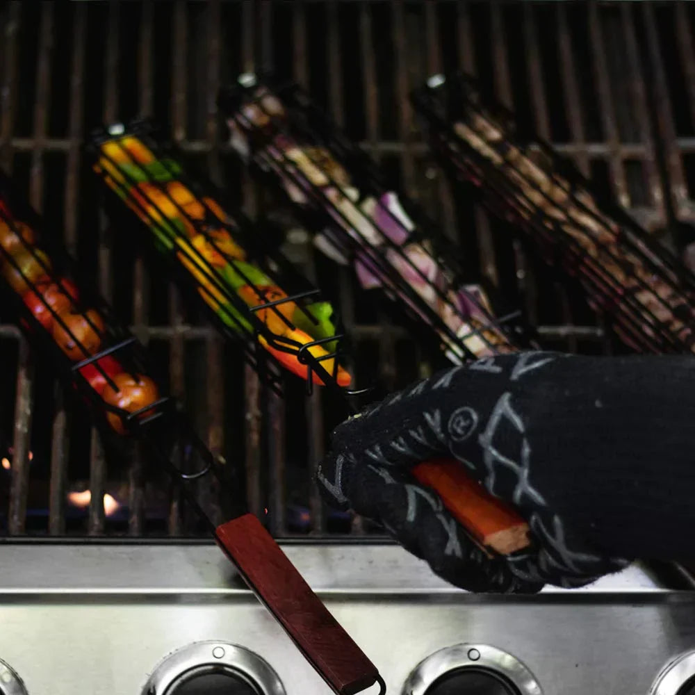 Grillkorb für Spieße mit Rosenholzgriff