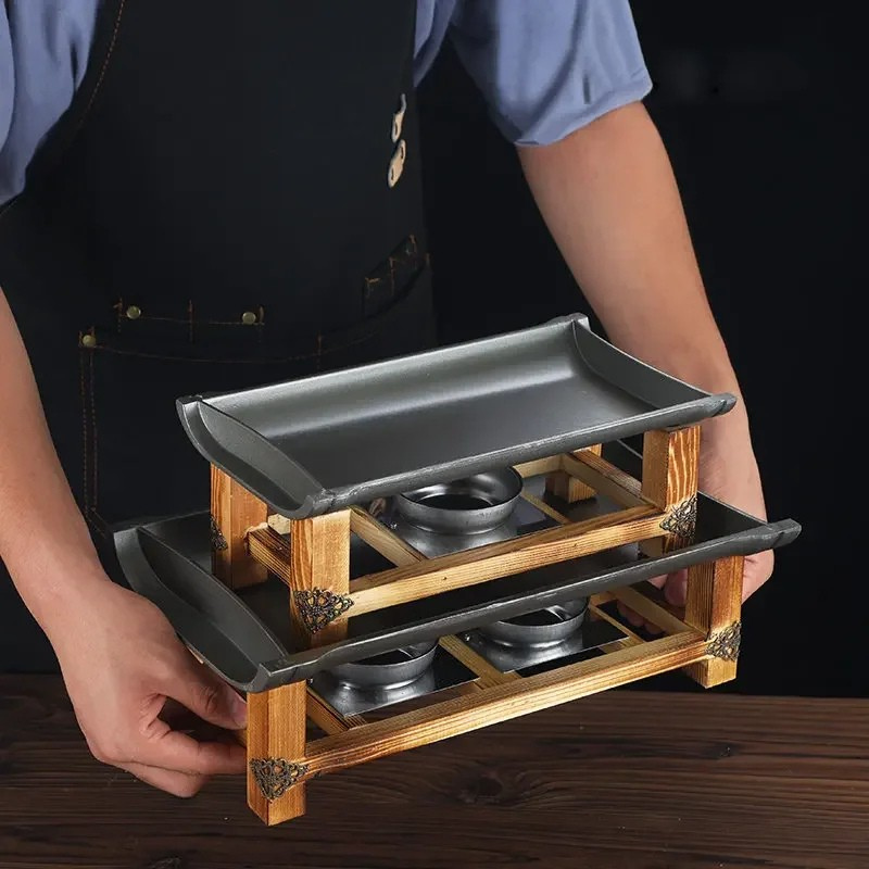 Wärmeplatte aus Aluminium mit Holzständer und Brenner