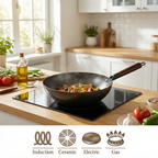 Carbonstahl-Wok mit Holzdeckel – Antihaft, 32 cm, Alle Herdarten