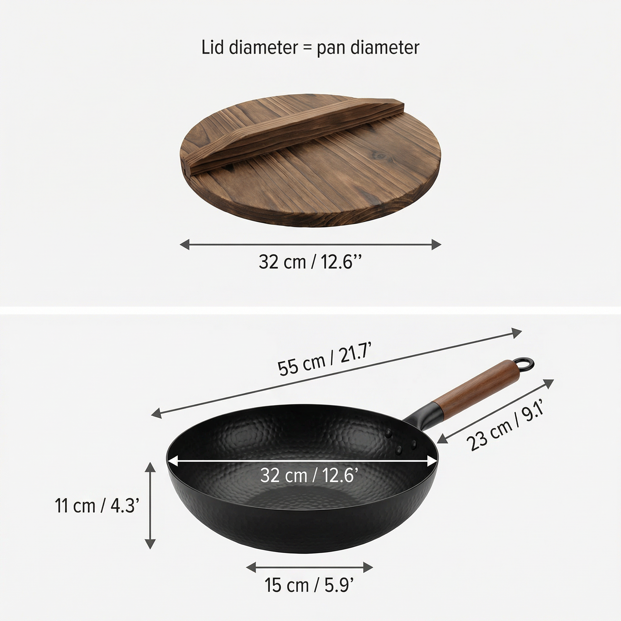 Carbonstahl-Wok mit Holzdeckel – Antihaft, 32 cm, Alle Herdarten