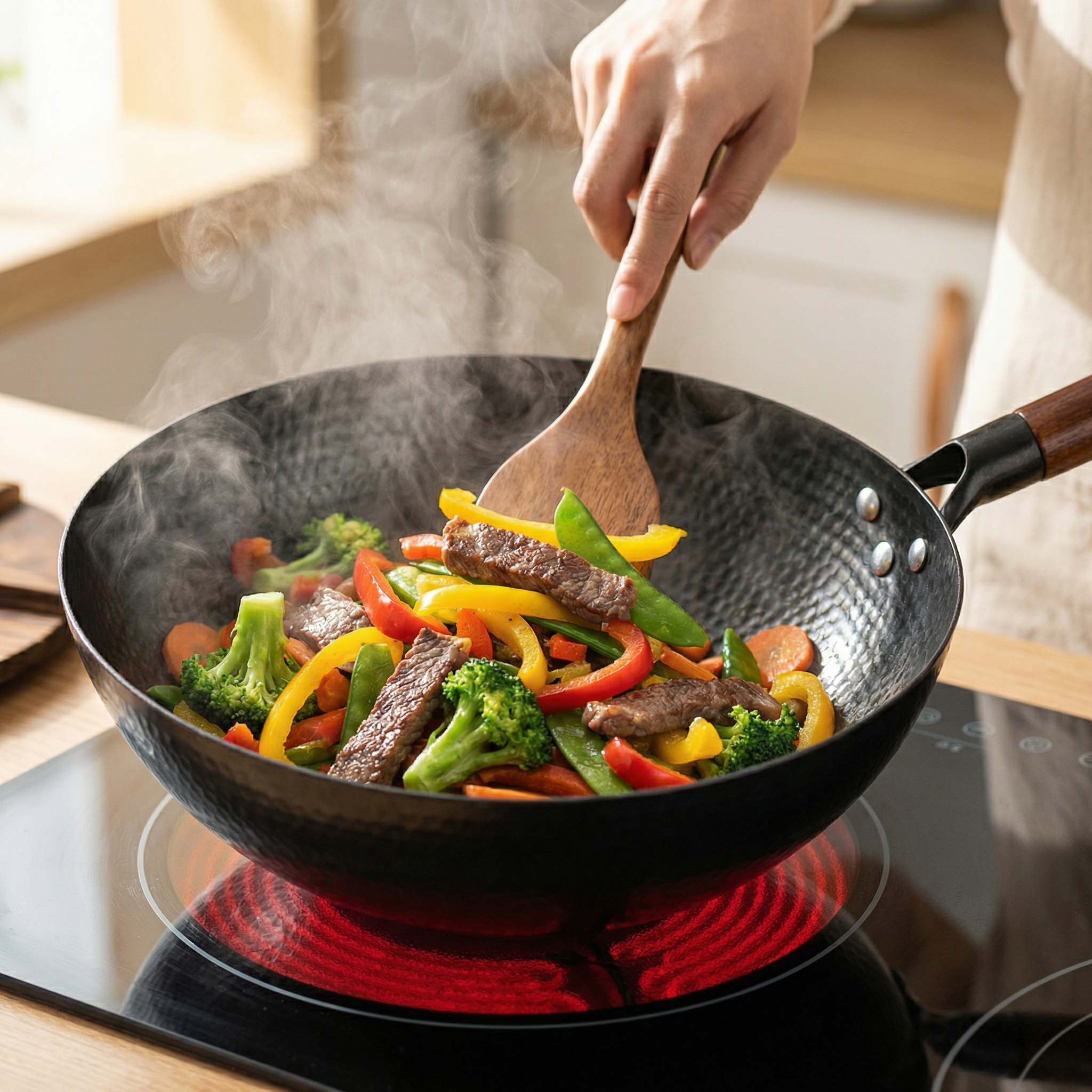 Carbonstahl-Wok mit Holzdeckel – Antihaft, 32 cm, Alle Herdarten