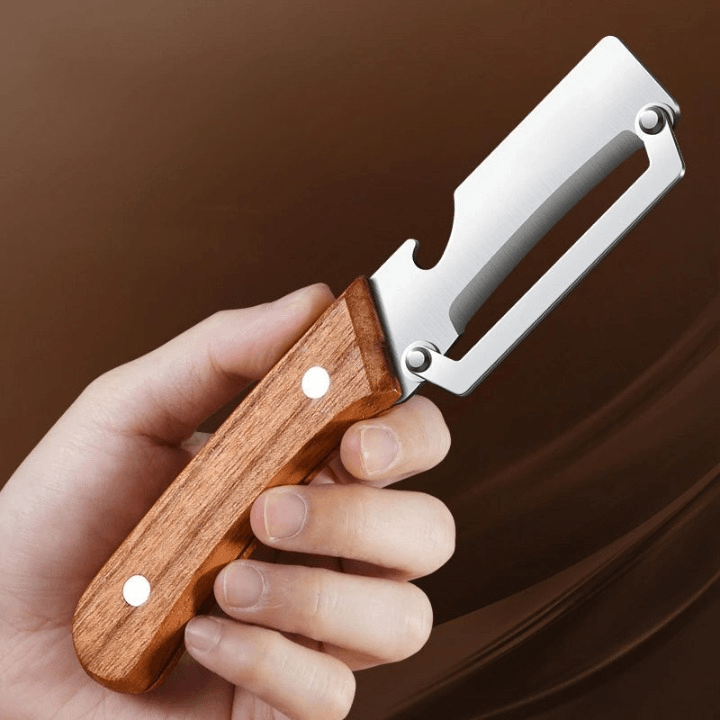 Gemüseschäler aus Edelstahl mit Holzgriff – scharf, rutschfest, mit Flaschenöffner