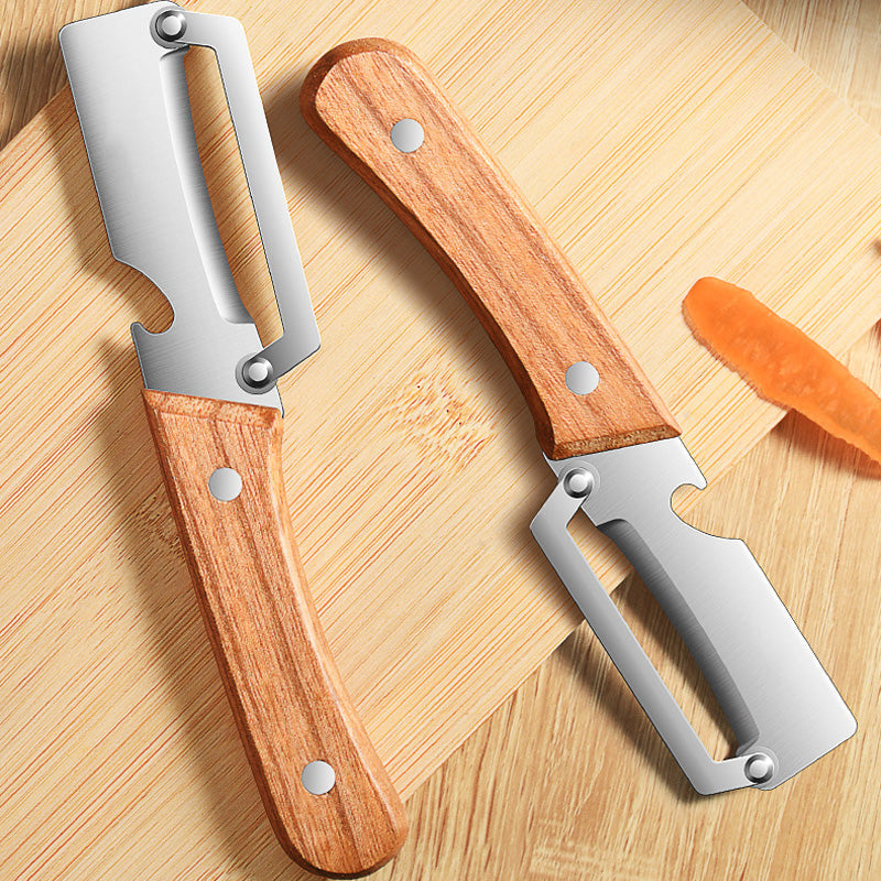 Gemüseschäler aus Edelstahl mit Holzgriff – scharf, rutschfest, mit Flaschenöffner